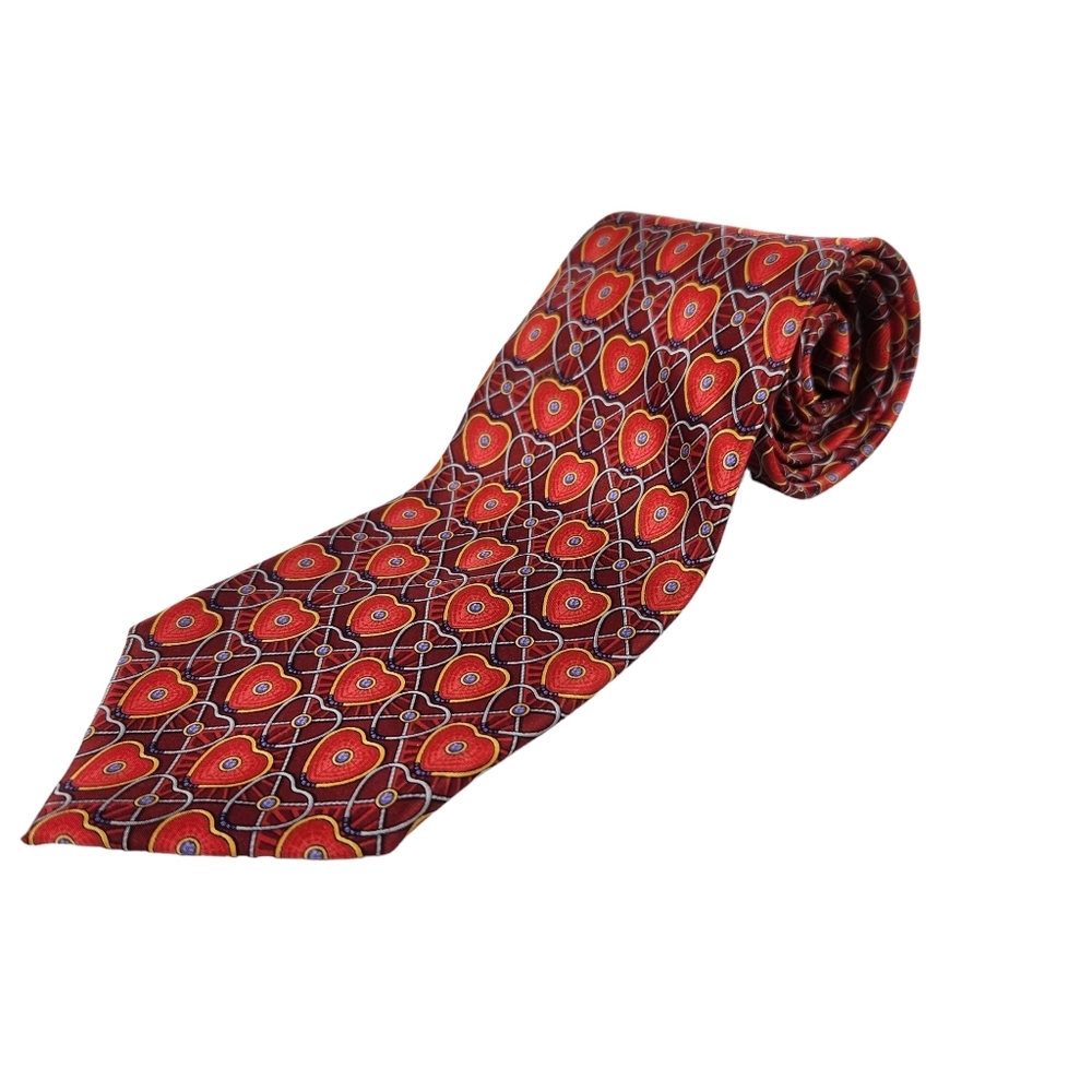 Fabergé 100% Silk Heart Design Mens Necktie Red Blue Gold Evening Wedding